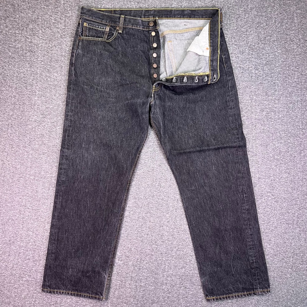 Levis 501 Jeans Mens 42x32 Black Original Fit‎ Button Fly Straight Denim Grunge